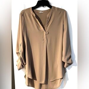 PLEIONE taupe roll sleeve v neck long sleeve blouse